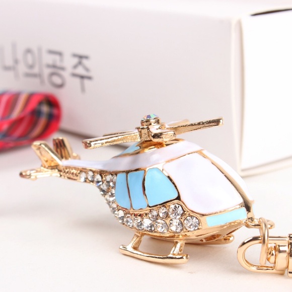 Whimsical Blue and White Crystal Helicopter Keychain Charm - Picture 1 of 16